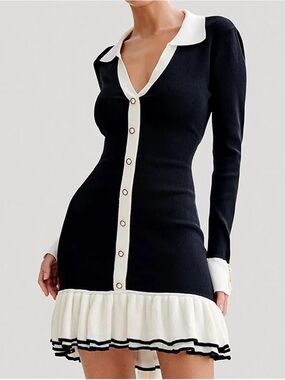 Classy Women’s Black & White Button-Front Knit Dress